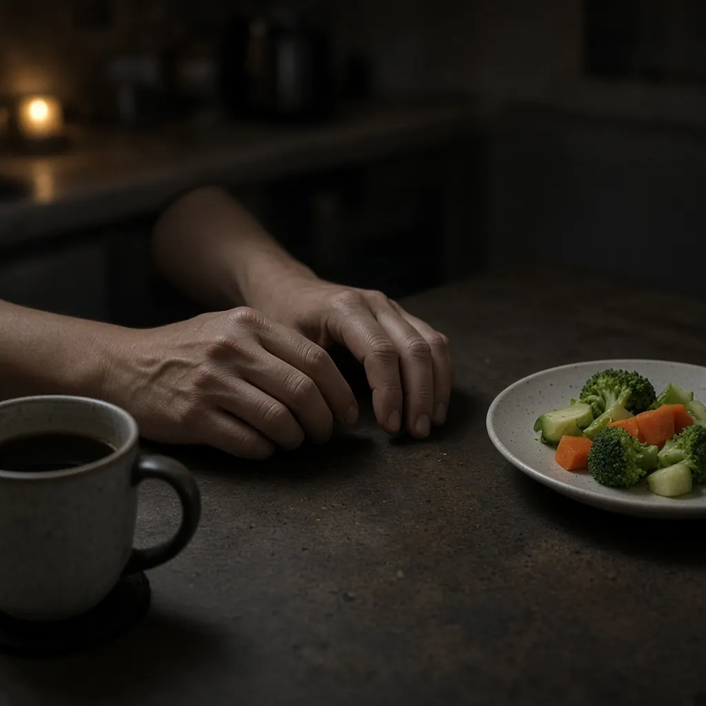 Mãos de adulto sobre a mesa à noite, com café e um prato de legumes intocado. Imagem ilustrativa