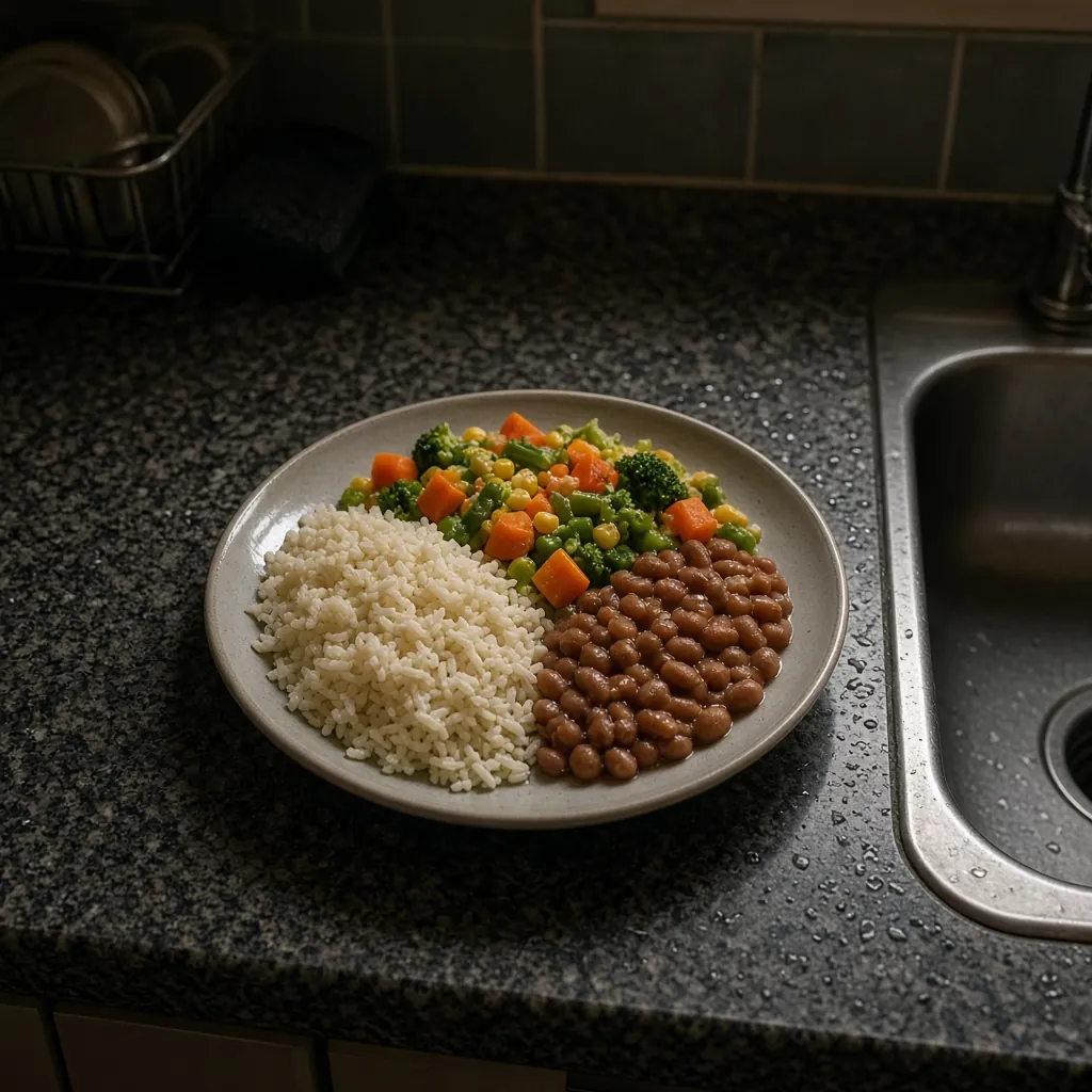 Prato cheio de arroz, feijão e legumes deixado na pia. Imagem ilustrativa