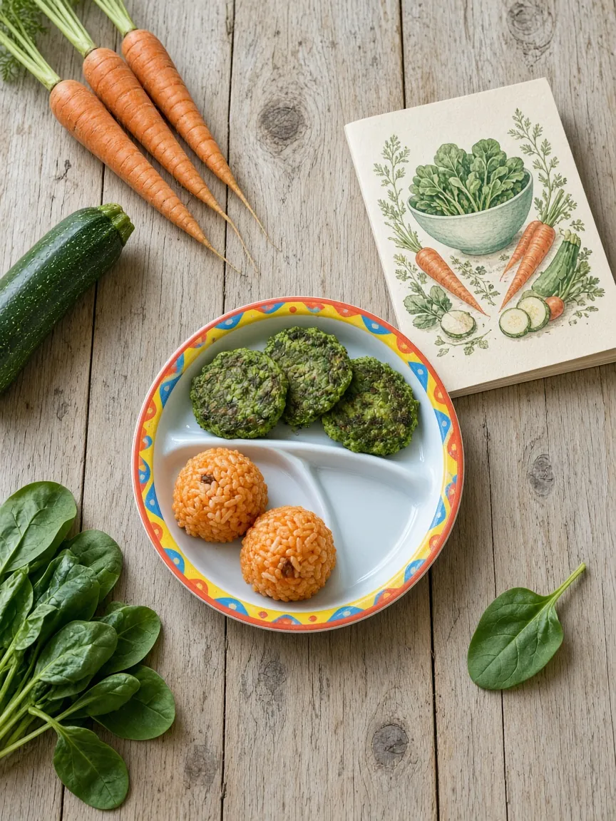Prato infantil colorido com panquecas verdes e bolinhos de arroz com cenoura, ao lado de cenouras, abobrinha, espinafre e um caderno de receitas. Imagem ilustrativa