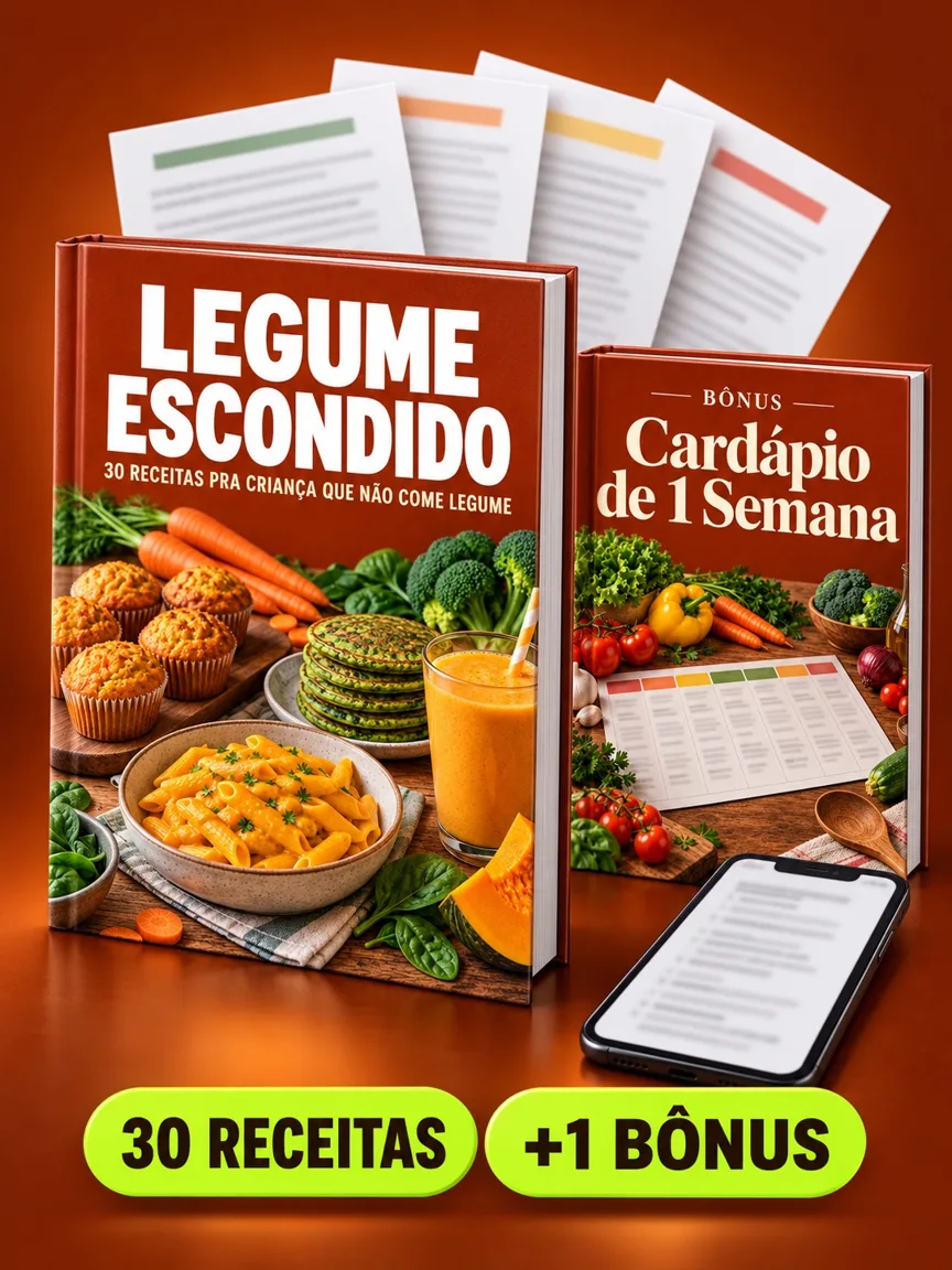 Montagem ilustrativa do Legume Escondido: livro com a capa, páginas do material e celular e capas dos bônus