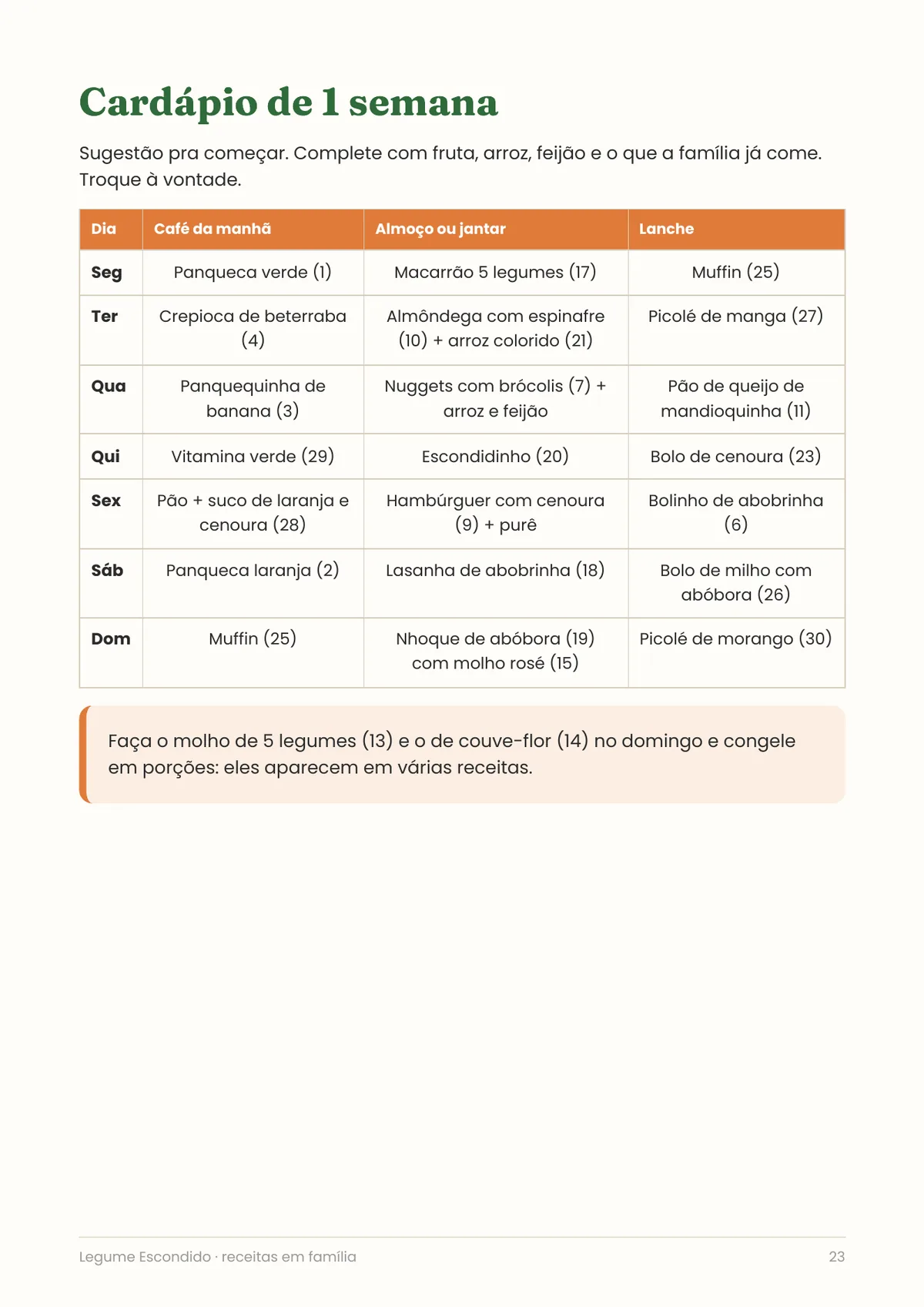 Página real do PDF Legume Escondido: cardápio da semana