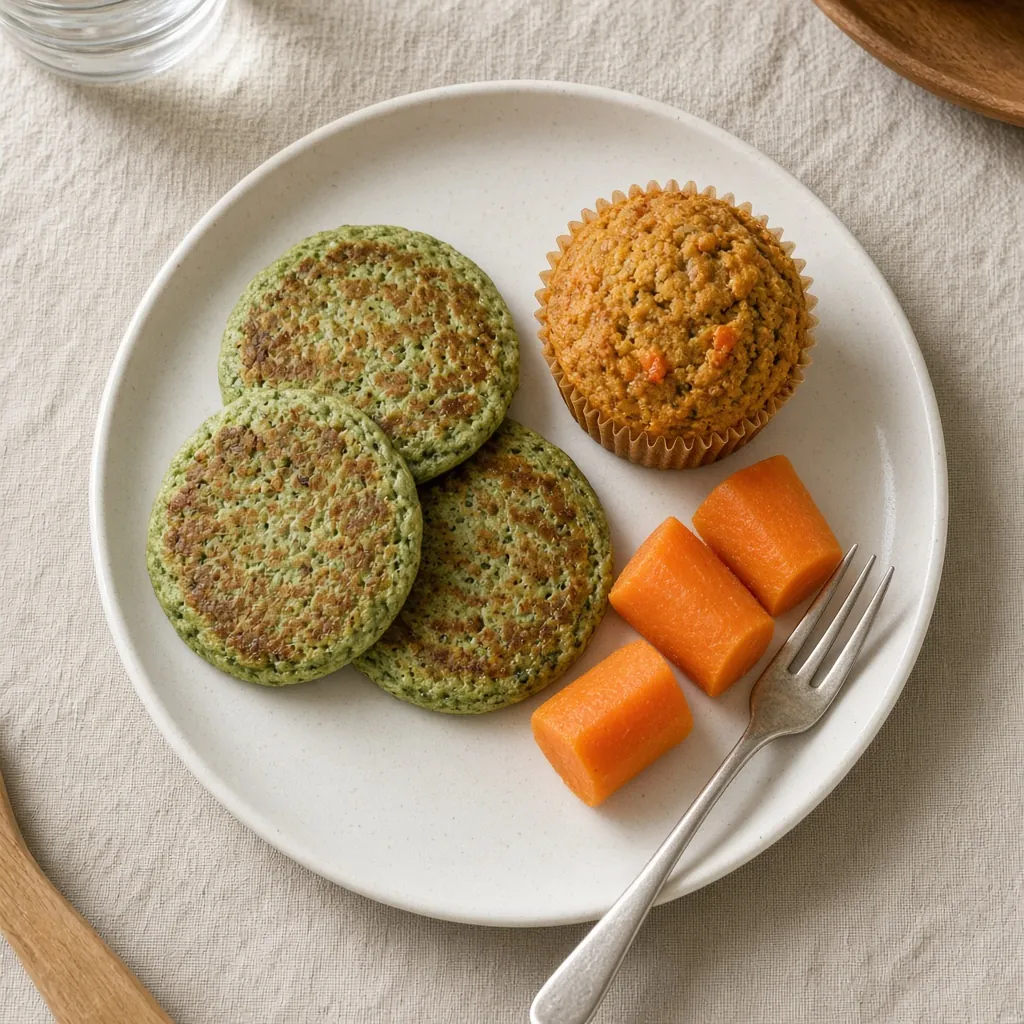 Prato com panquecas verdes, muffin de cenoura e pedaços de cenoura. Imagem ilustrativa